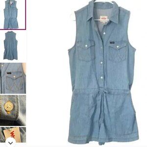 WRANGLER DENIM BUTTON UP SLEEVELESS TIE WAIST ROMPER NWT L